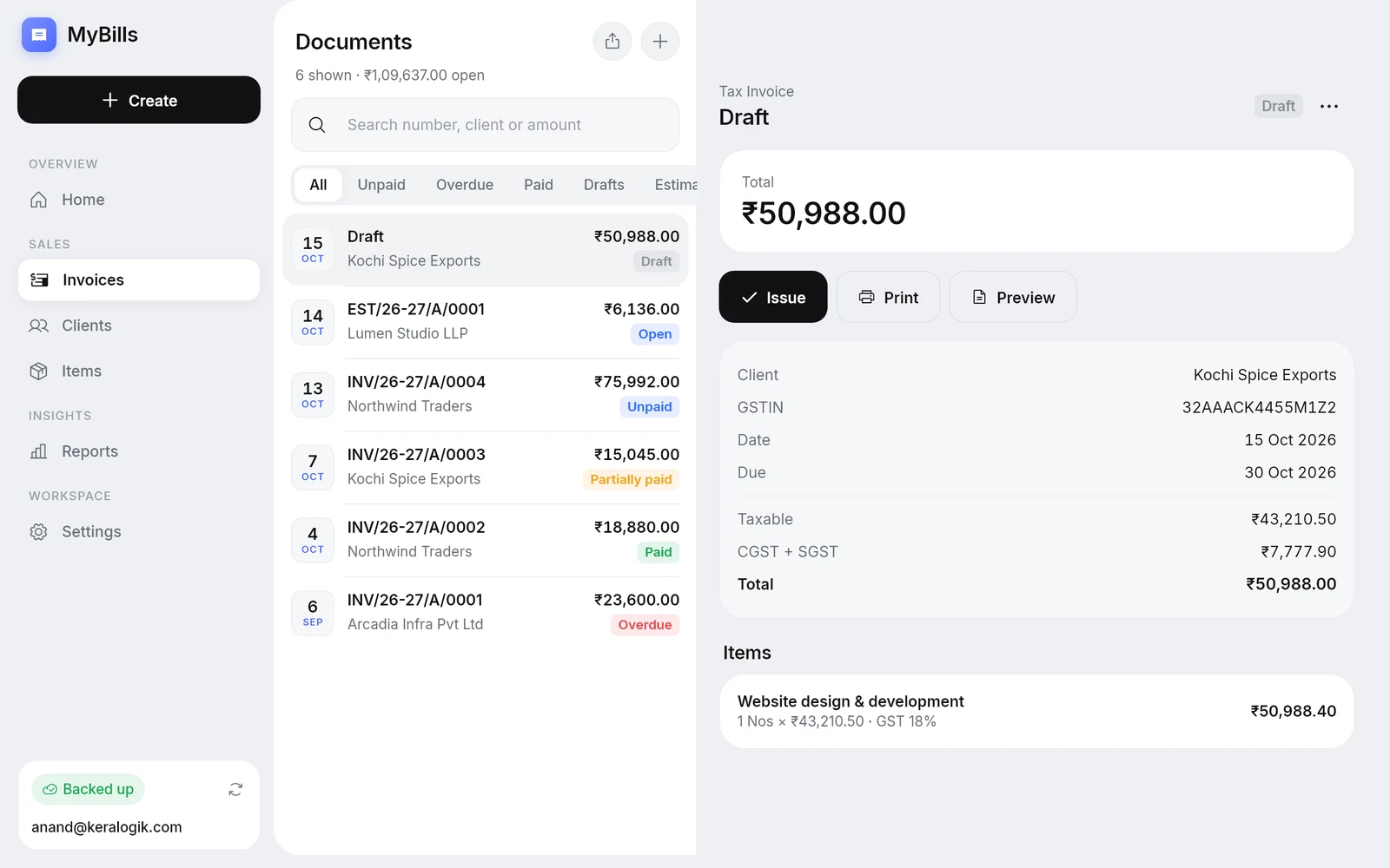 MyBills invoices on Windows