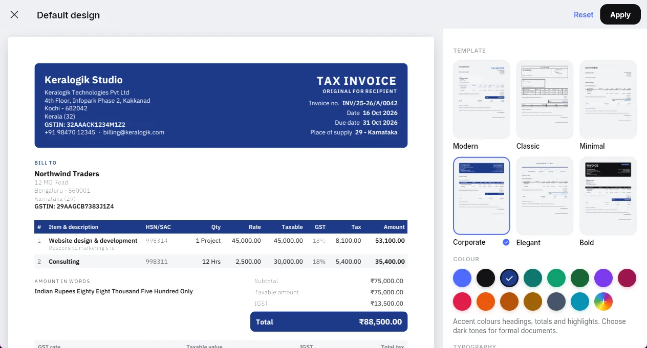 MyBills design studio with a live invoice preview